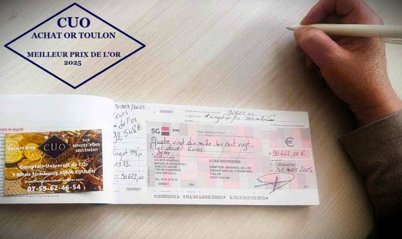 Au meilleur cours de l'or du mois de mars 2025 un chèque de 90 622€ pour la vente d'un lingot d'or au CUO Toulon