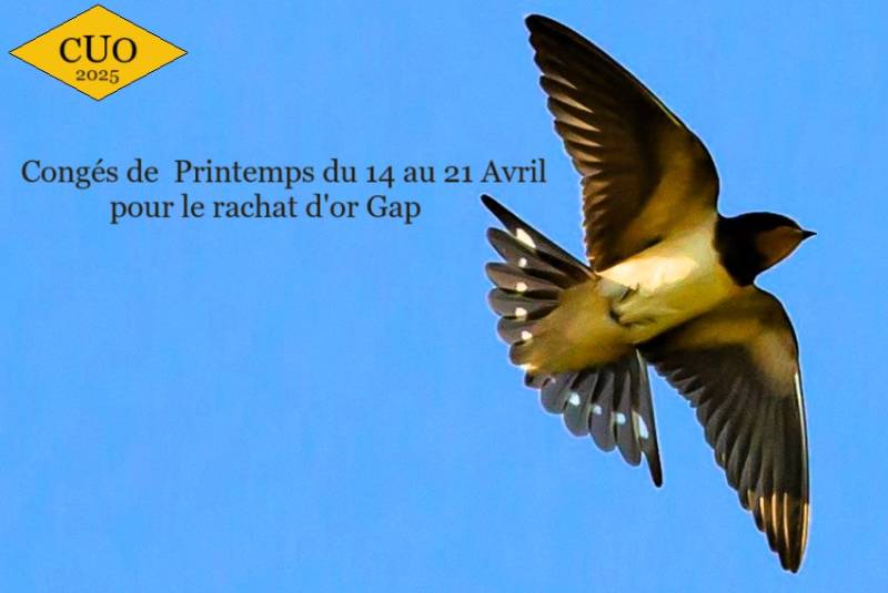 Vacances de printemps pour le Comptoir Universel de l'Or Gap du 14 au 21 AVRIL 2025