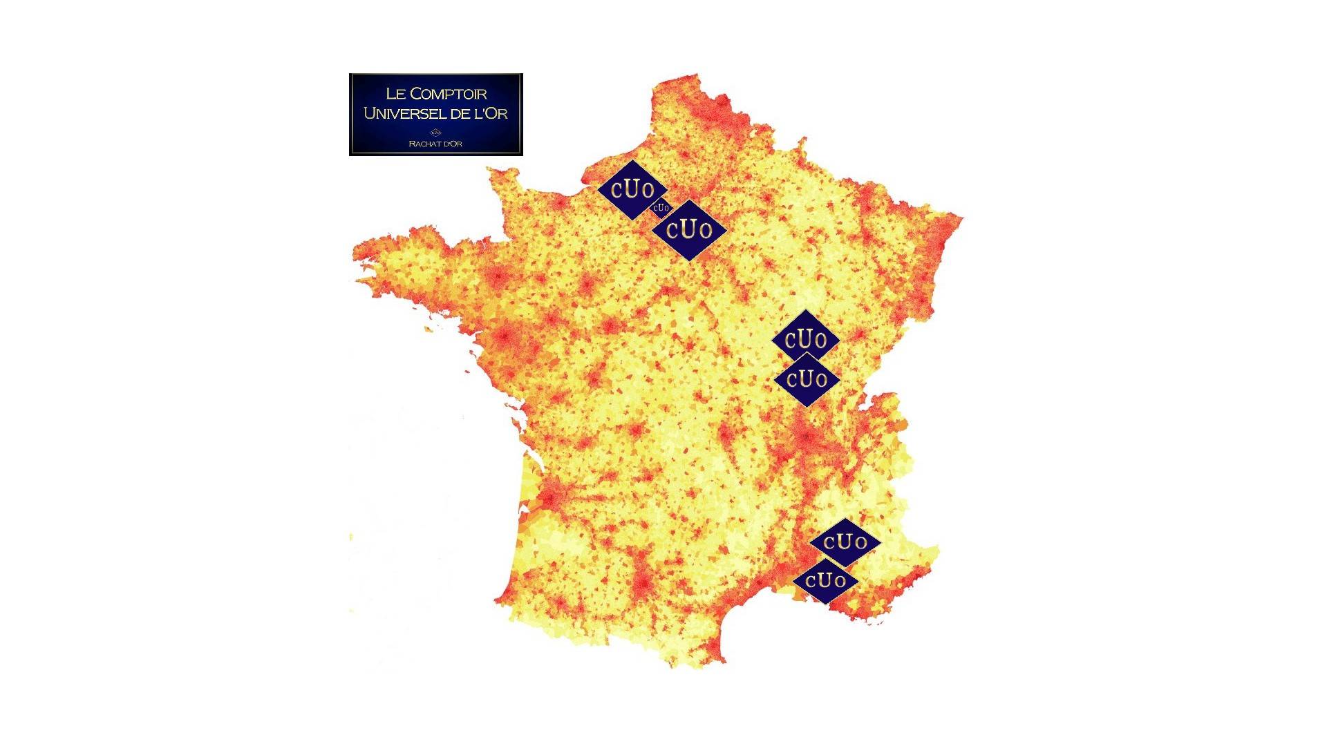 La carte de France des agences d'achat or et argent du Comptoir Universel de l'Or